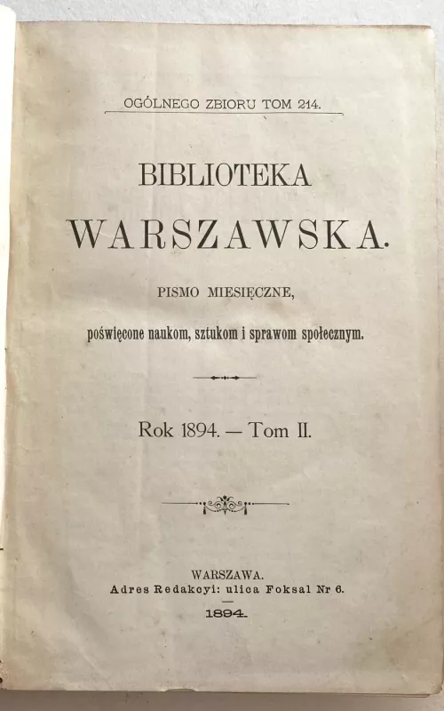 Biblioteka Warszawska – Rok 1894 Tom II - Autorių Kolektyvas, knyga 2